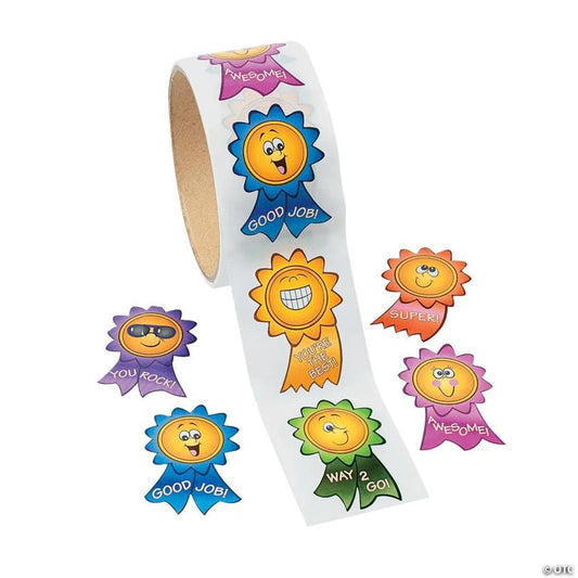 2" Motivational Smile Face Prize Ribbon Multicolor Paper Sticker Roll - 100 Pc. | USA Decoration®