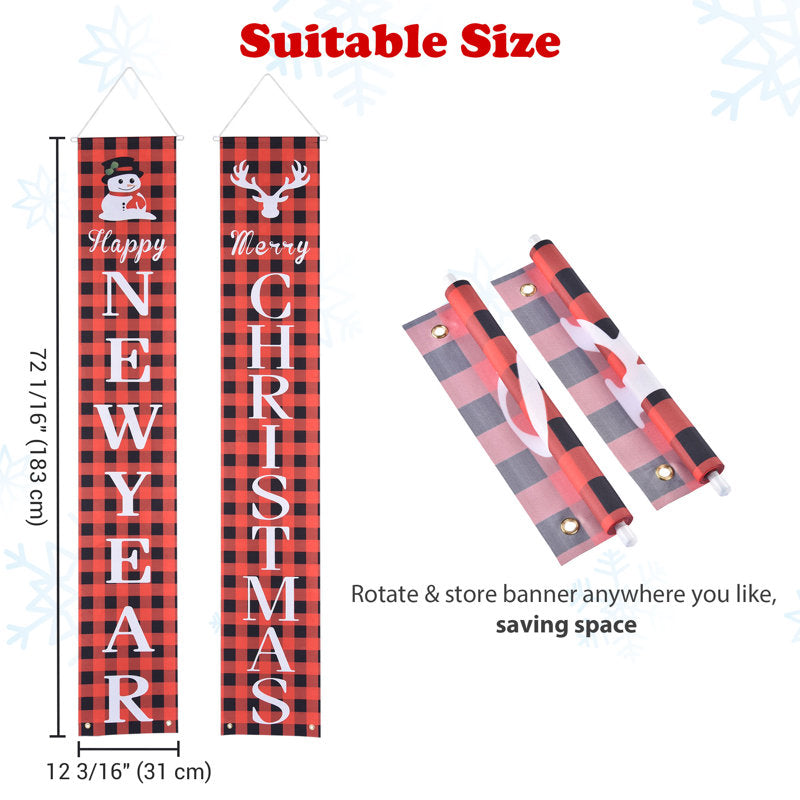 2 Pack Outdoor Merry Christmas Happy New Year Hanging Sign Banner