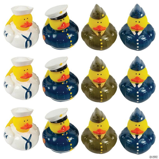 2" Uniformed Armed Forces Blue, Green & White Rubber Ducks - 12 Pc.