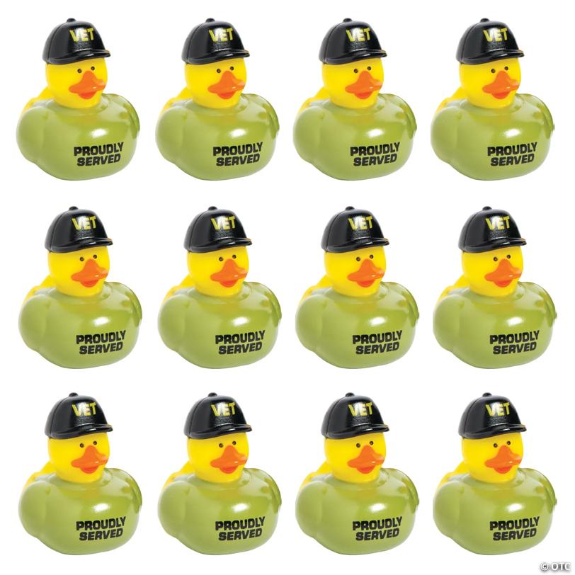 2" Veteran Rubber Ducks in Green T-Shirts and Black Cap - 12 Pc.