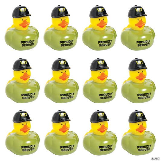 2" Veteran Rubber Ducks in Green T-Shirts and Black Cap - 12 Pc.