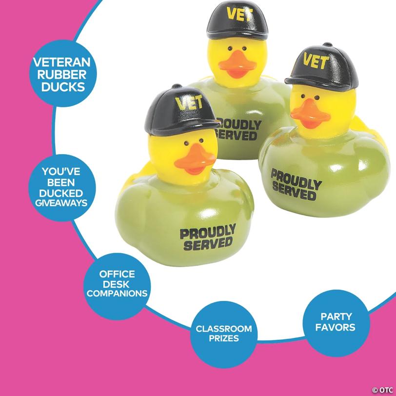 2" Veteran Rubber Ducks in Green T-Shirts and Black Cap - 12 Pc.