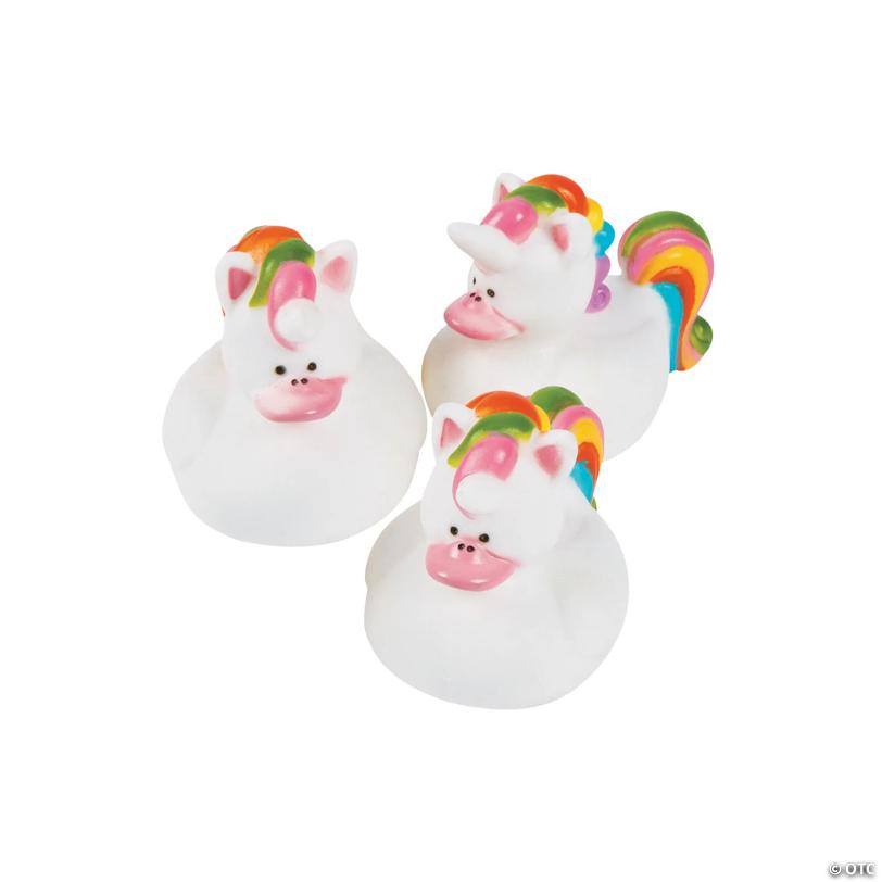 2" White Unicorn Rubber Ducks with Rainbow Mane & Tail - 3 Pc.
