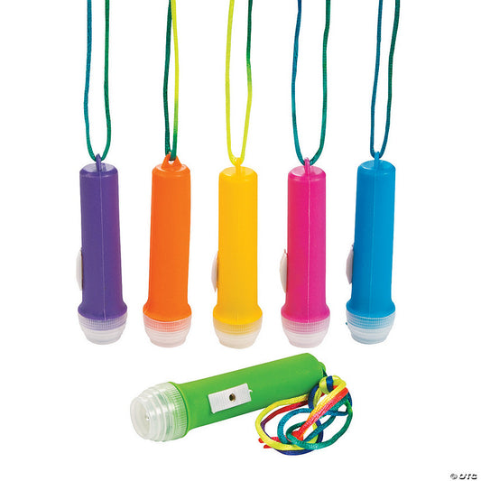 Per Dozen: 3 1/2" Mini Brightly Colored Flashlights on a Multicolor Rope - 12 Pc. | USA Decoration®
