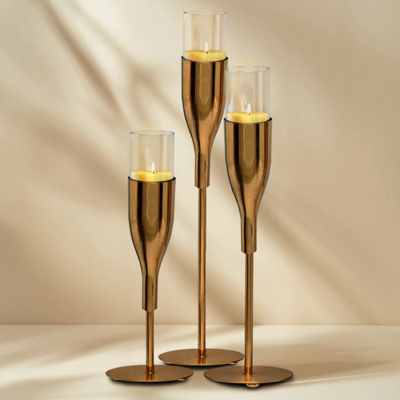 3-Piece Gold Wine Glass Candle Holder Set for Christmas Table Decor, Elegant Home & Holiday Ambiance