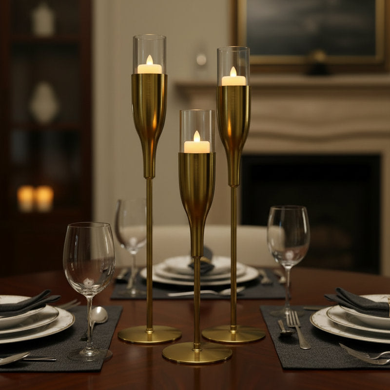 3-Piece Gold Wine Glass Candle Holder Set for Christmas Table Decor, Elegant Home & Holiday Ambiance