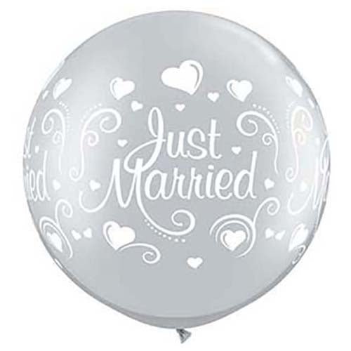 Latex Balloons Just Married Hearts Wrap Silver 30 Inch