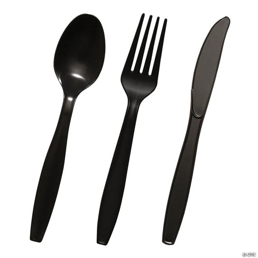 3000 Pc. Black Disposable Plastic Cutlery Set - Spoons, Forks and Knives (1000 Guests) | USA Decoration®