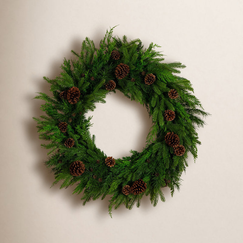 30In. Artificial Norfolk Mixed Pine Wreath With Pinecones