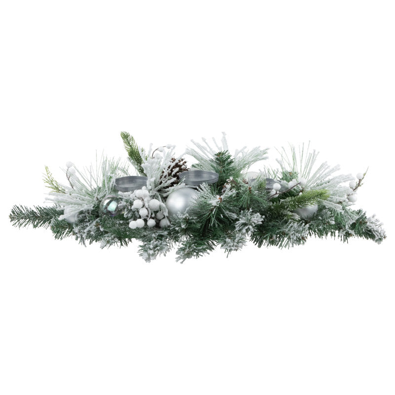 30" Green Flocked Pine Triple Candle Holder and Iridescent Christmas Ornaments