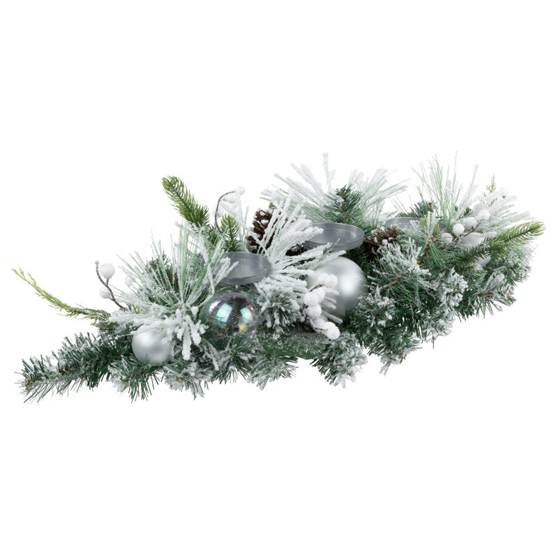 30" Green Flocked Pine Triple Candle Holder and Iridescent Christmas Ornaments