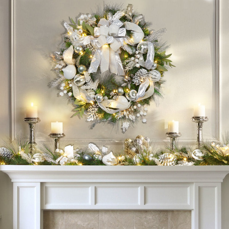 30 Inch Christmas Wreath with Lights for Front Door Fireplace Window Holiday Home Decor