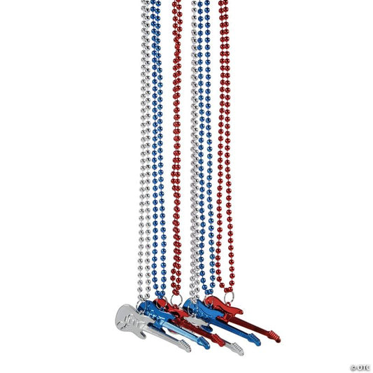 30" Patriotic Red, White & Blue Plastic Bead Necklaces with Guitar – 12 Pc.