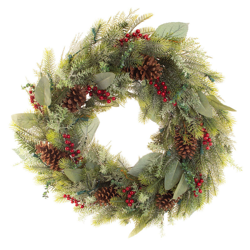 30" Pre-Lit Christmas Wreath hung on a wooden door