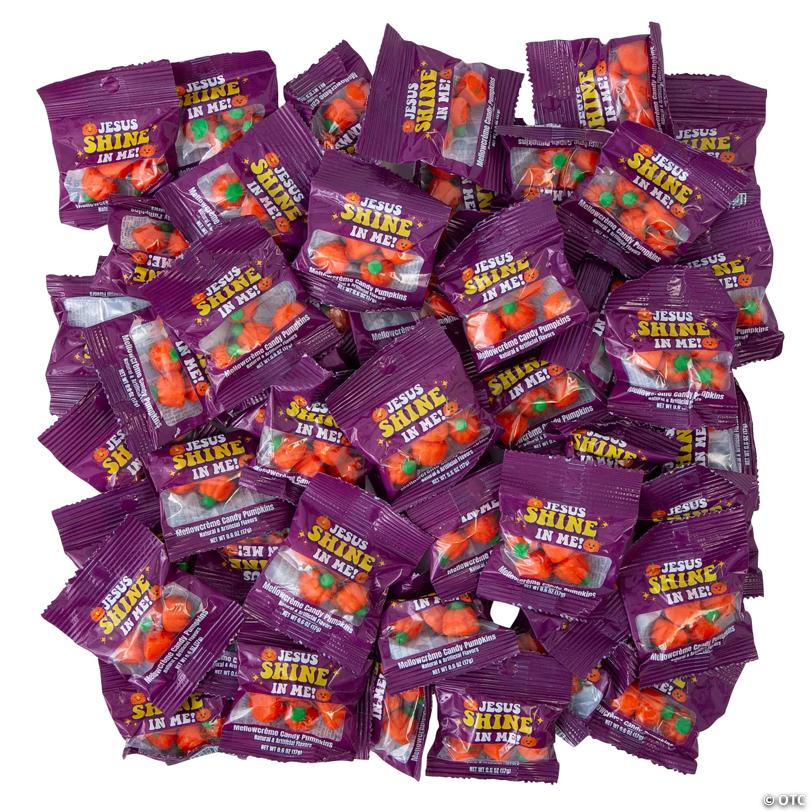 30 oz. Religious Jesus Shine in Me Halloween Mellow Creme Pumpkin Candy Bags – 50 Pc.