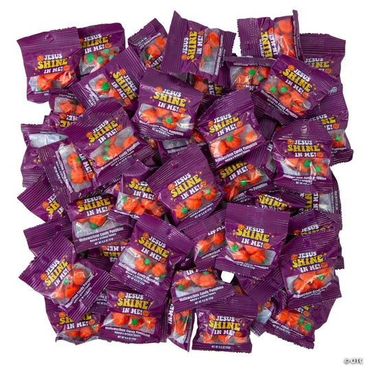 30 oz. Religious Jesus Shine in Me Halloween Mellow Creme Pumpkin Candy Bags – 50 Pc.