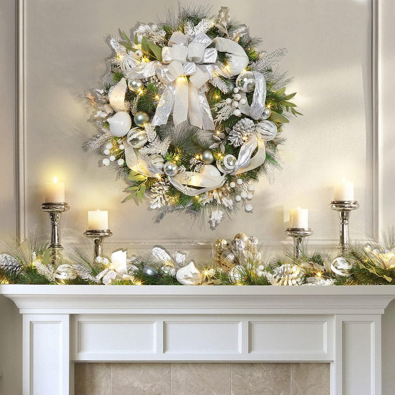 30" Pre-Lit Ornament Christmas Wreath hanging on a front door