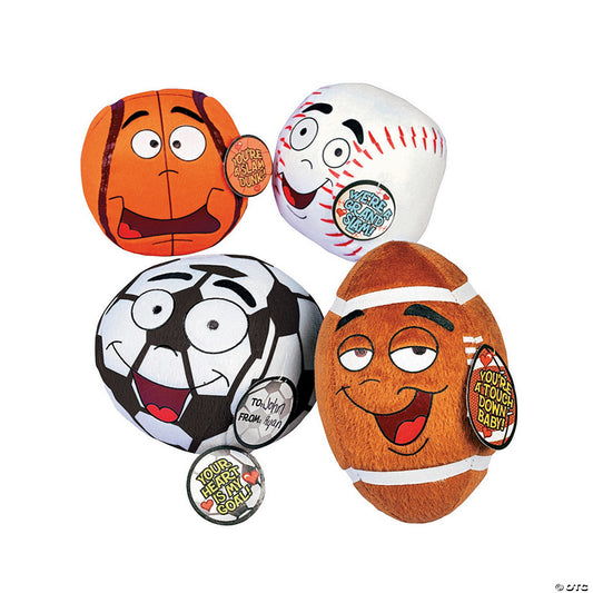 4" - 5" Stuffed Silly Sports Balls Valentine Exchanges with Card for 12 | USA Decoration®