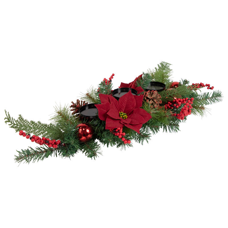 32" Artificial Mixed Pine Berries and Poinsettia Christmas Candle Holder Centerpiece