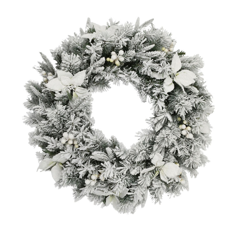 24" Pre-Lit Frosted Christmas Wreath displayed on a front door