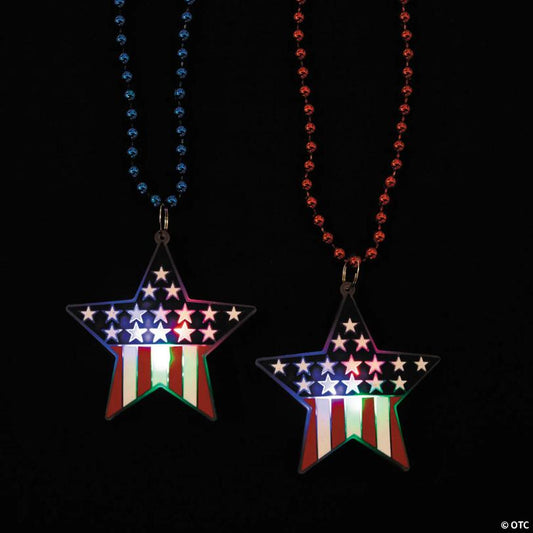 33" Patriotic USA Flag Light-Up Star Charm Necklaces - 12 Pc.