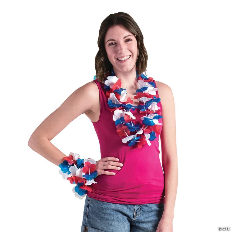 34" Bulk 50 Pc. Patriotic Tri-Color Red, White & Blue Flower Plastic Leis