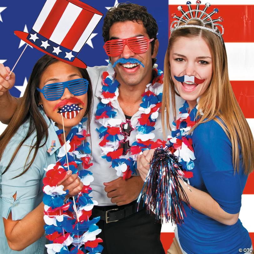 34" Bulk 50 Pc. Patriotic Tri-Color Red, White & Blue Flower Plastic Leis