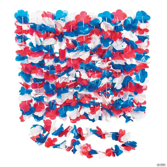 34" Bulk 50 Pc. Patriotic Tri-Color Red, White & Blue Flower Plastic Leis | USA Decoration®