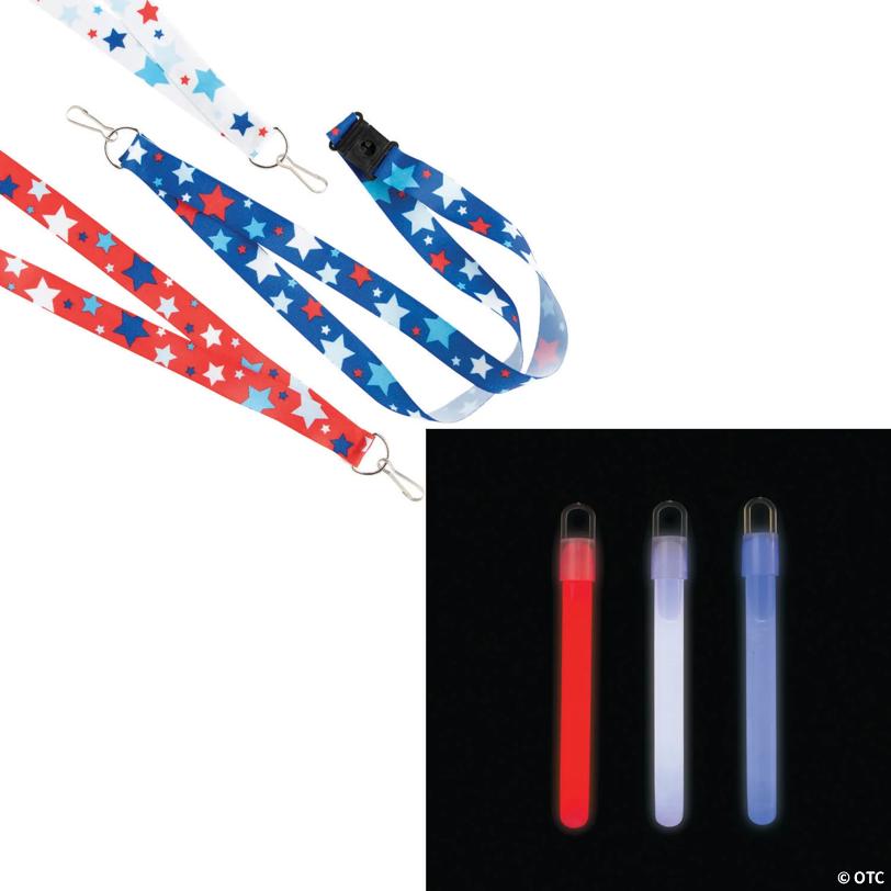 34" Bulk Patriotic Red, White & Blue Star Breakaway Lanyard & Glow Stick Kit for 48