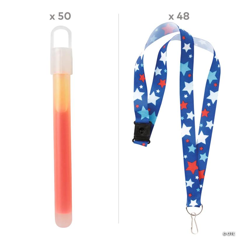 34" Bulk Patriotic Red, White & Blue Star Breakaway Lanyard & Glow Stick Kit for 48