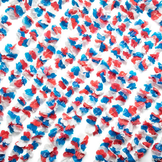 34" Mega Bulk 200 Pc. Patriotic Red, White and Blue Plastic Flower Leis