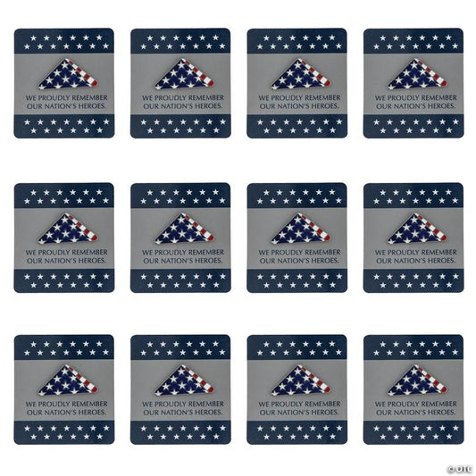 3/4" Patriotic Folded American Flag Metal Pins with Card - 12 Pc.