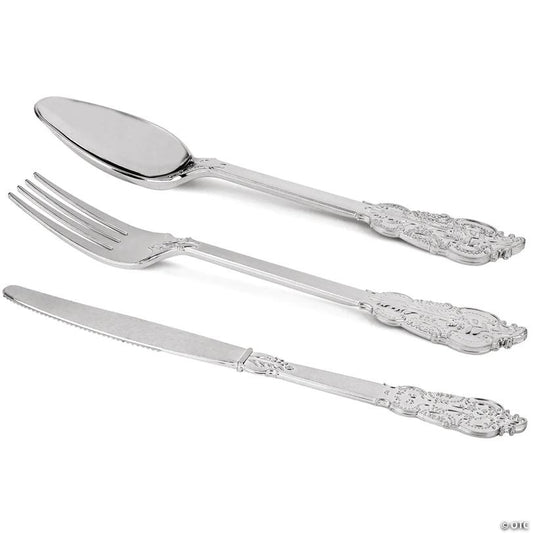 360 Pc. Shiny Metallic Silver Baroque Plastic Cutlery Set - Spoons, Forks and Knives (120 Guests) | USA Decoration®