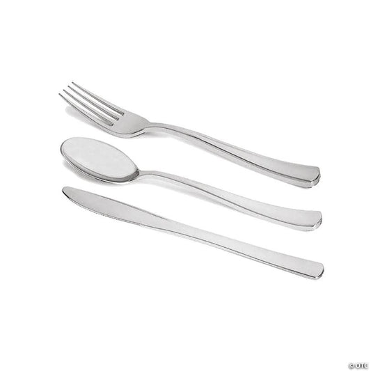 360 Pc. Shiny Metallic Silver Plastic Cutlery Combo Set - Spoons, Forks and Knives (120 Guests) | USA Decoration®