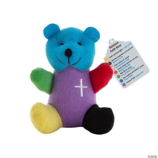 4" Religious Rainbow-Colored Stuffed Bears with Colors of Faith Tags - 12 Pc. | USA Decoration®