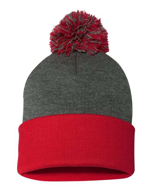 12" Pom-Pom Cuffed Beanie by USA Decoration | Acrylic Knit Hat with 3" Cuff, Pom-Pom & Top-Seam Design