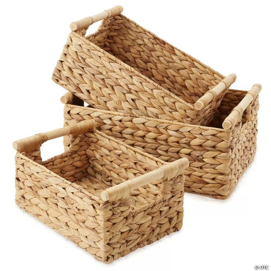 3-Piece Hyacinth Rectangular Storage Basket Set W/ Wood Handles, Natural Wicker