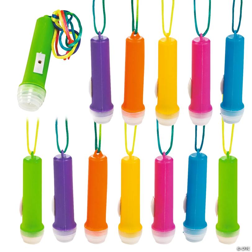 3 1/2" Mini Brightly Colored Flashlights on a Multicolor Rope - 12 Pc.
