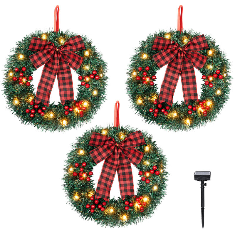 14" pre-lit Christmas wreaths with solar power and red berries