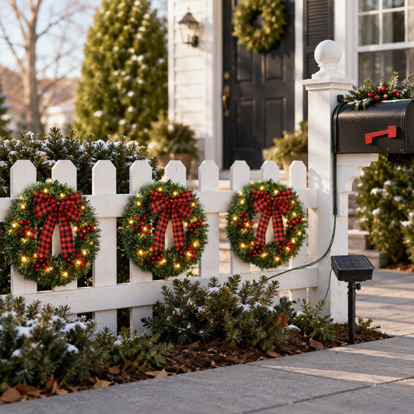 3 Pack 14 Inch Solar Powered Christmas Wreaths with Red Berries and Bows for Outdoor Ground Display