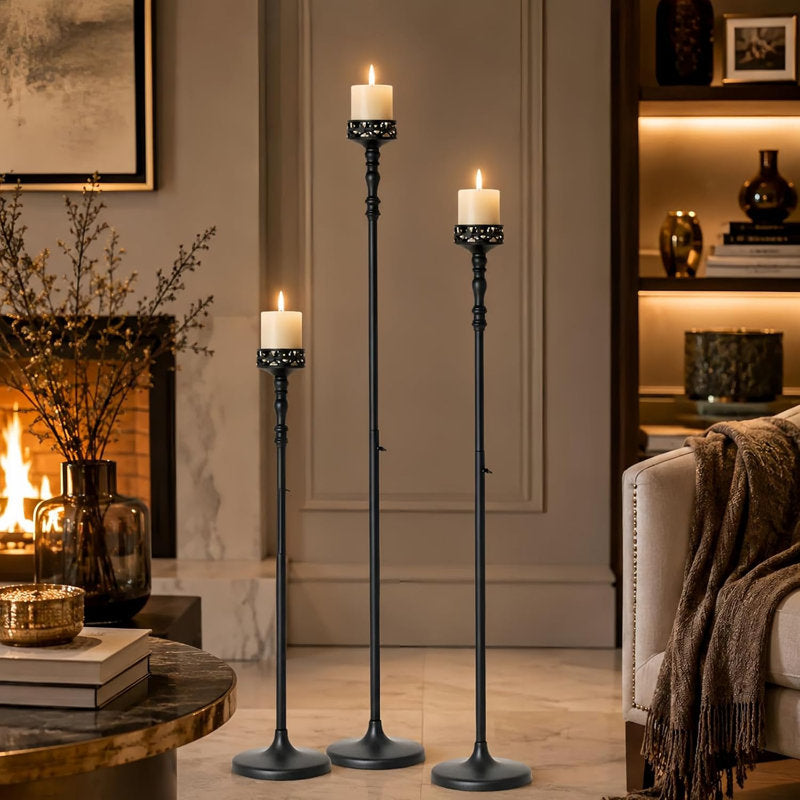 3 Pcs Adjustable Black Tall Metal Candle Holders for Halloween Floor, Fireplace Mantel Decor