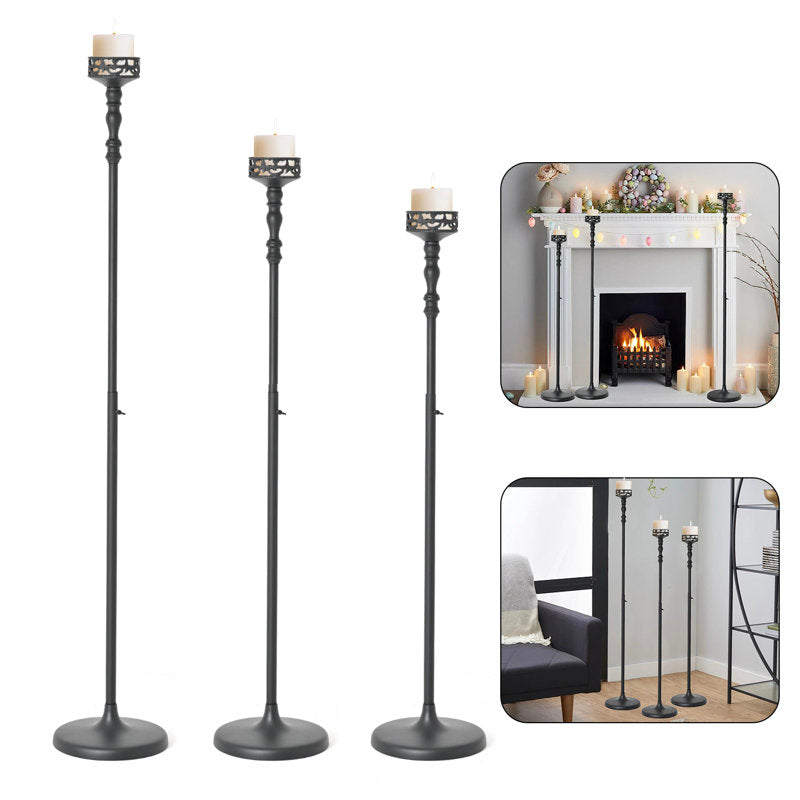 3 Pcs Adjustable Black Tall Metal Candle Holders for Halloween Floor, Fireplace Mantel Decor