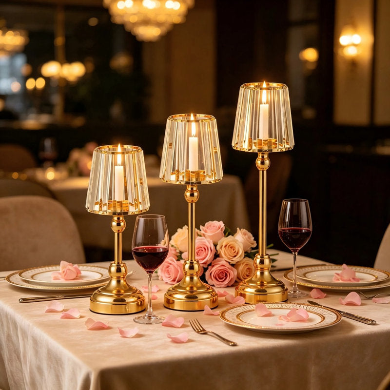 3 Piece Metal Tabletop Hurricane Candle Holders, Gold Modern Pillar Candlesticks