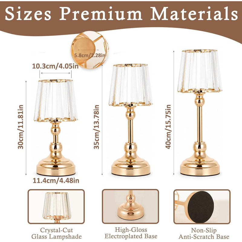 3 Piece Metal Tabletop Hurricane Candle Holders, Gold Modern Pillar Candlesticks