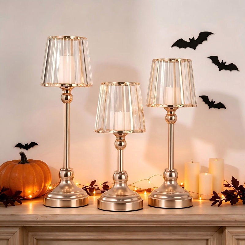 3 Piece Metal Tabletop Hurricane Candle Holders, Gold Modern Pillar Candlesticks