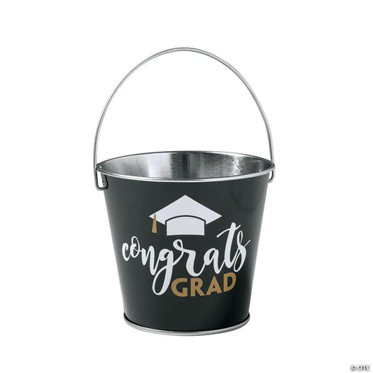 3" x 3 1/4" Mini Congrats Grad Black Metal Pails with Handle - 12 Pc. | USA Decoration®