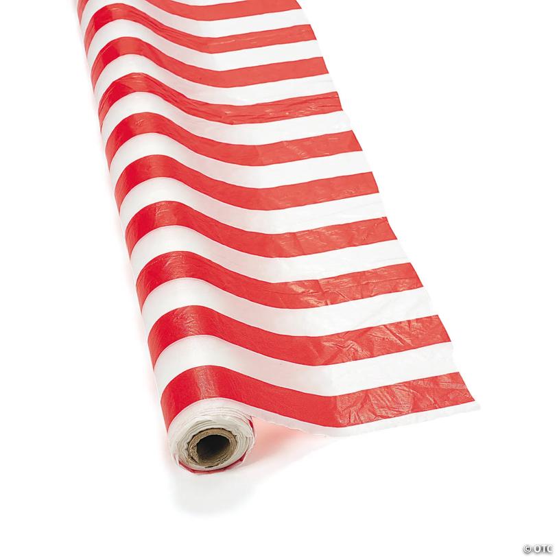 40" x 100 Ft. Red & White Striped Disposable Plastic Tablecloth Roll | USA Decoration®