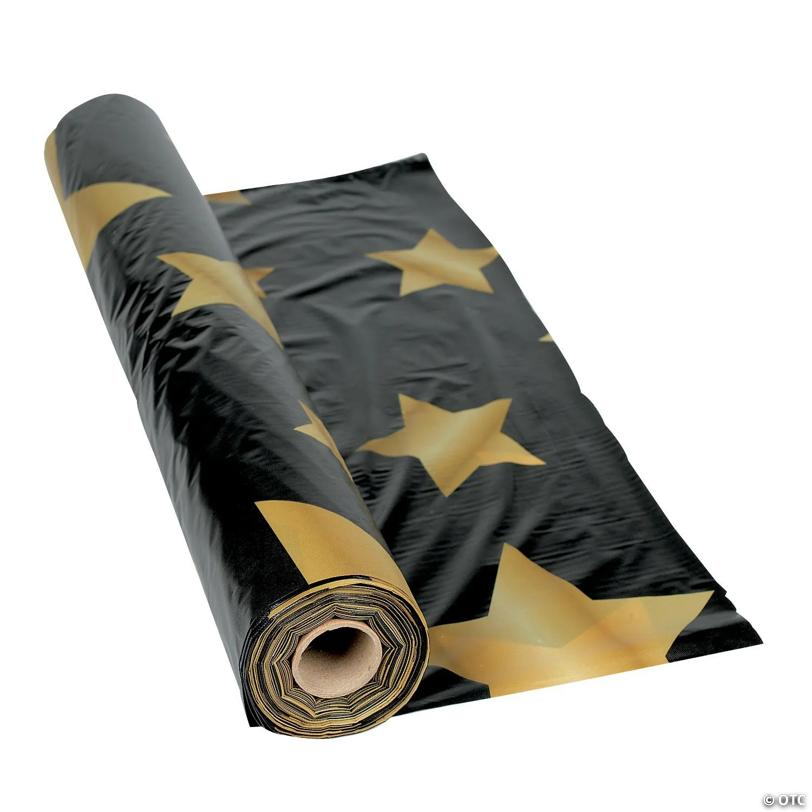 40" x 100 ft. Black with Gold Stars Disposable Plastic Tablecloth Roll | USA Decoration®