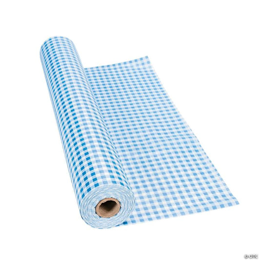 40" x 100 ft. Blue Gingham Disposable Plastic Tablecloth Roll | USA Decoration®