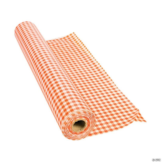 40" x 100 ft. Orange Gingham Disposable Plastic Tablecloth Roll | USA Decoration®